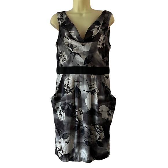 H&M Gray Floral Print Satin Dress Womans Size 10 Pockets Office Dressy Cocktail - Picture 1 of 10